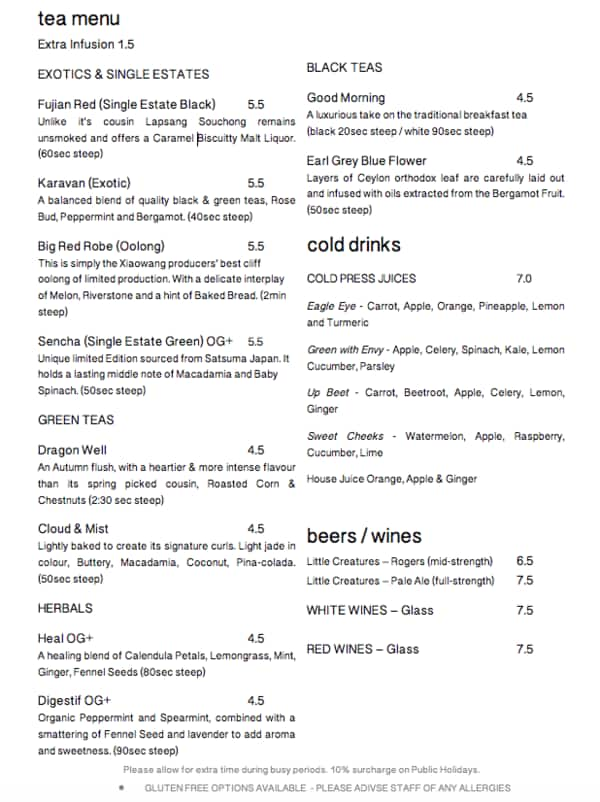 Stay Grounded Menu, Menu For Stay Grounded, Collaroy, Sydney 