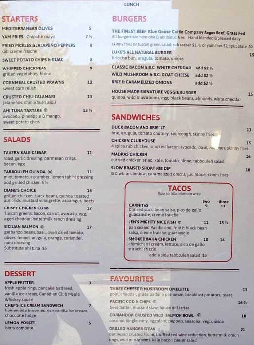 Menu at Lukes Corner Bar, Vancouver