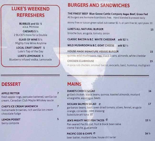 Menu at Lukes Corner Bar, Vancouver