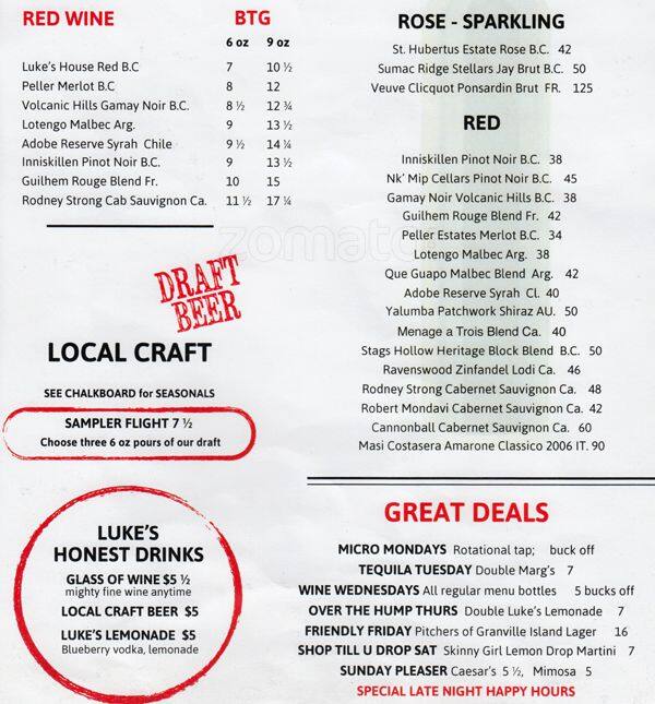 Menu at Lukes Corner Bar, Vancouver