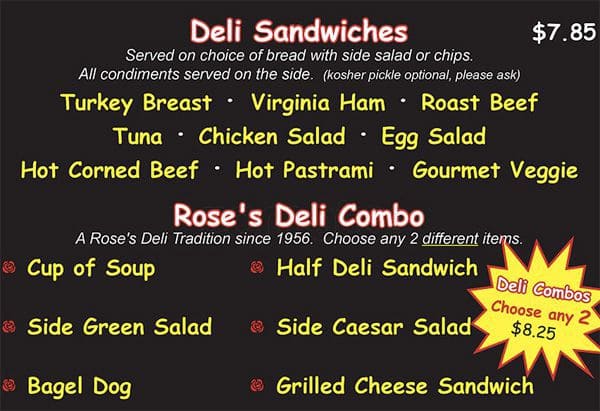 Carta de Rose's Deli