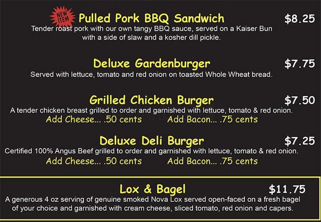Carta de Rose's Deli