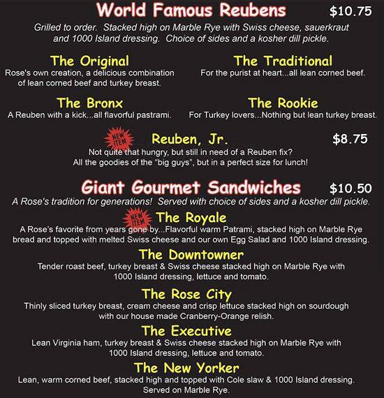 Carta de Rose's Deli