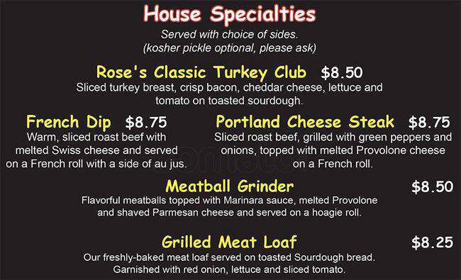 Carta de Rose's Deli