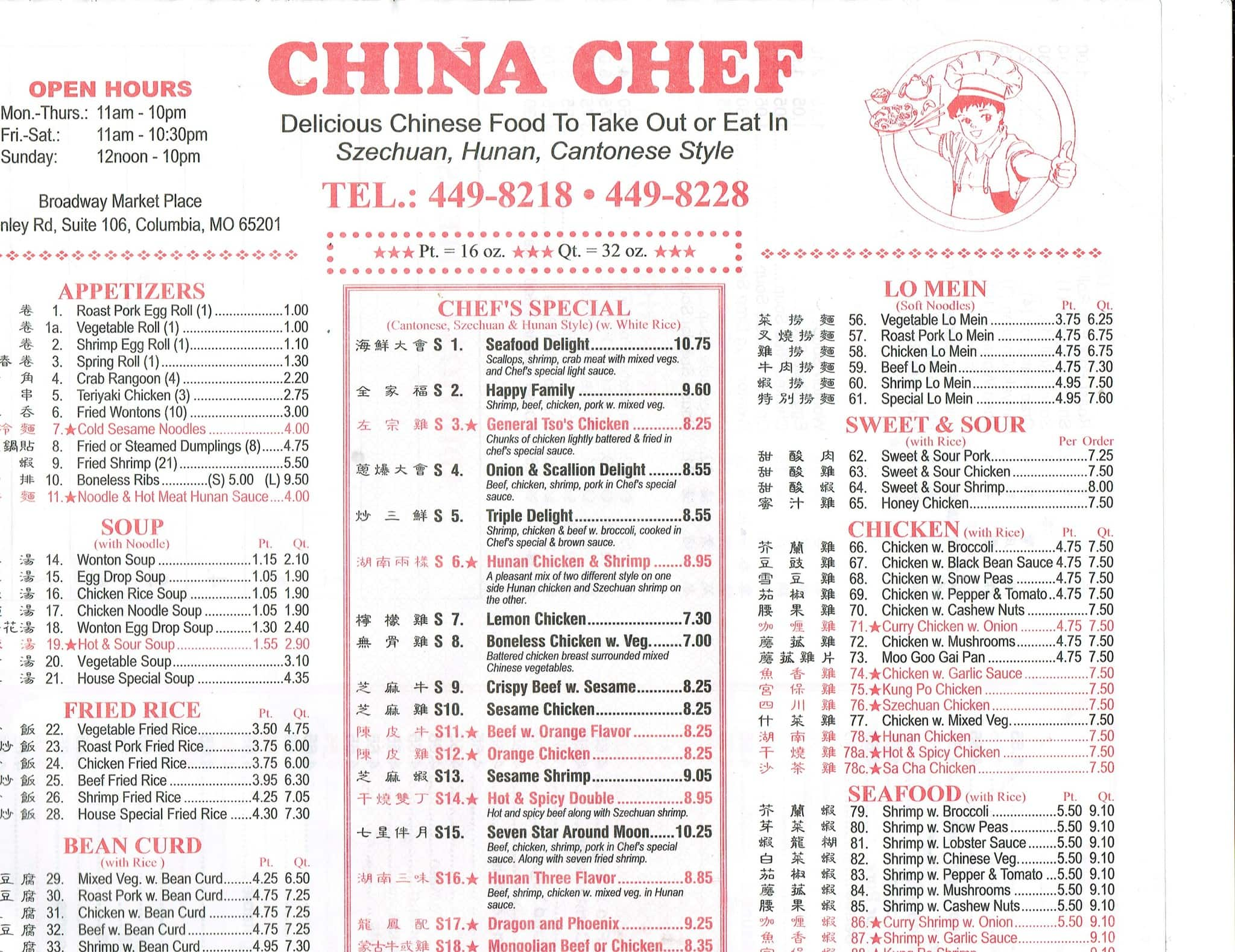 China Chef Menu Near Me