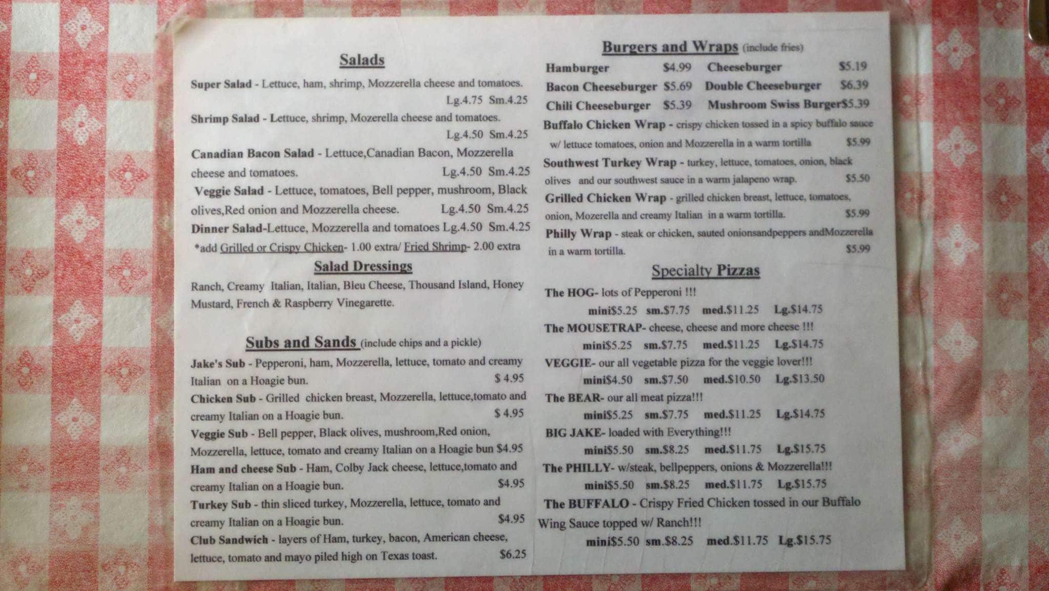 Menu at Jake's Cafe, West Fork