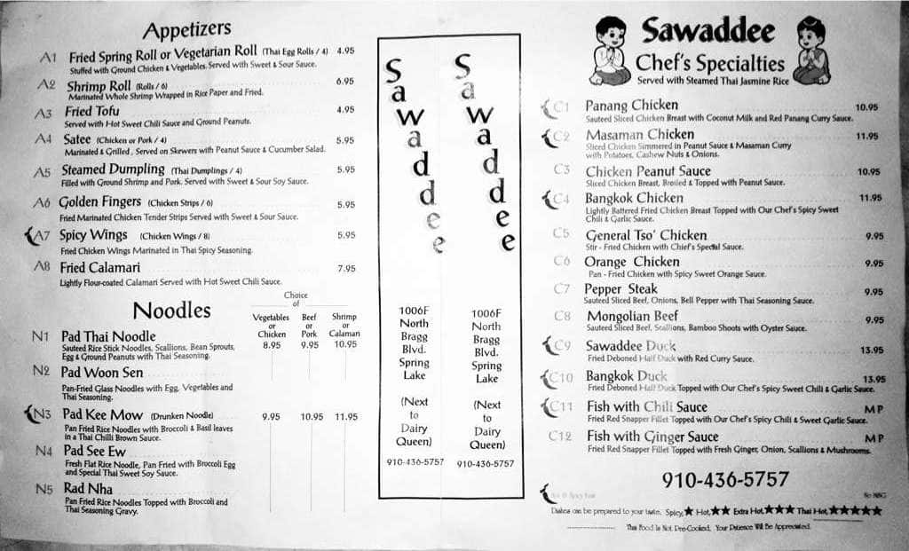 Sawaddee menu, Menu restauracji Sawaddee, Spring Lake, Fayetteville