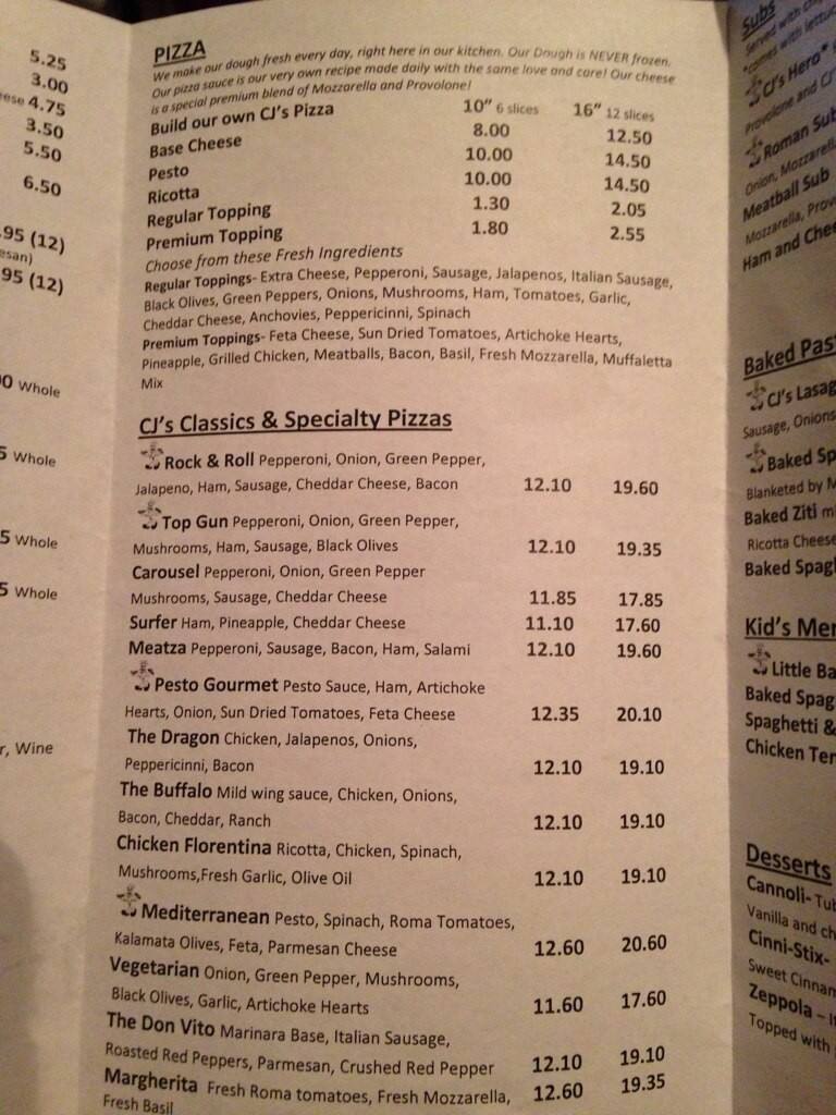 Carta de Cj's Pizza