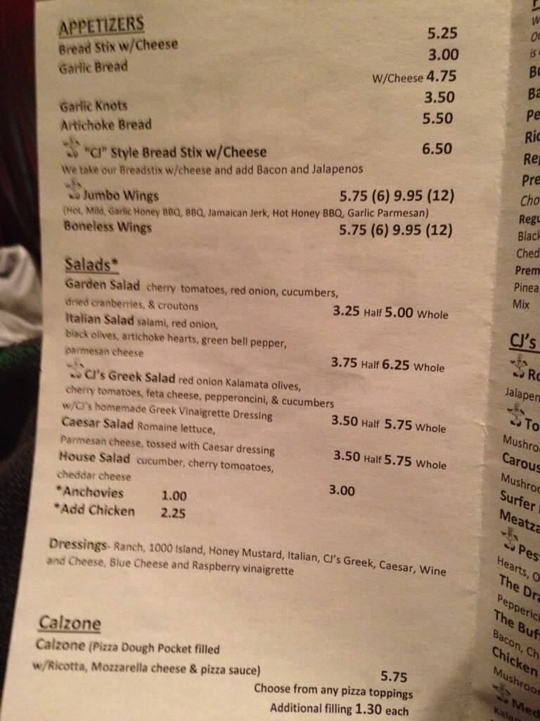 Carta de Cj's Pizza
