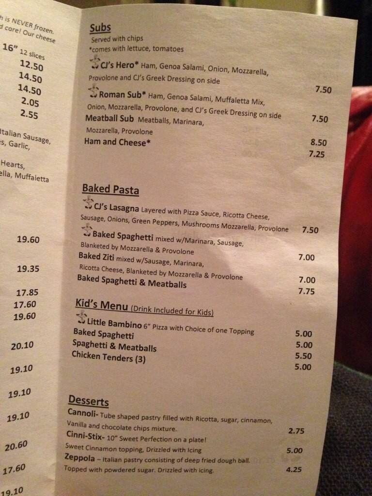 Carta de Cj's Pizza