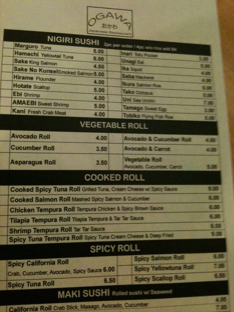 Menu at Ogawa restaurant,