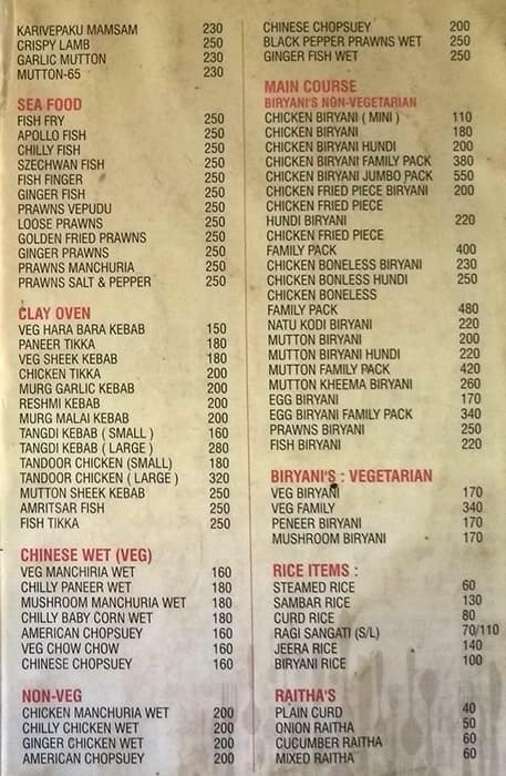 Menu at Raja Vari Ruchulu, Hyderabad