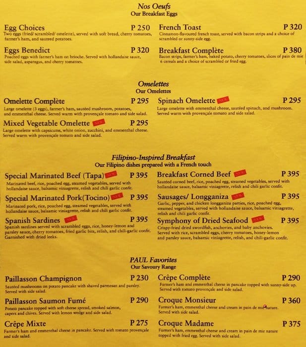 Paul Boulangerie Menu, Menu for Paul Boulangerie, Bonifacio Global City