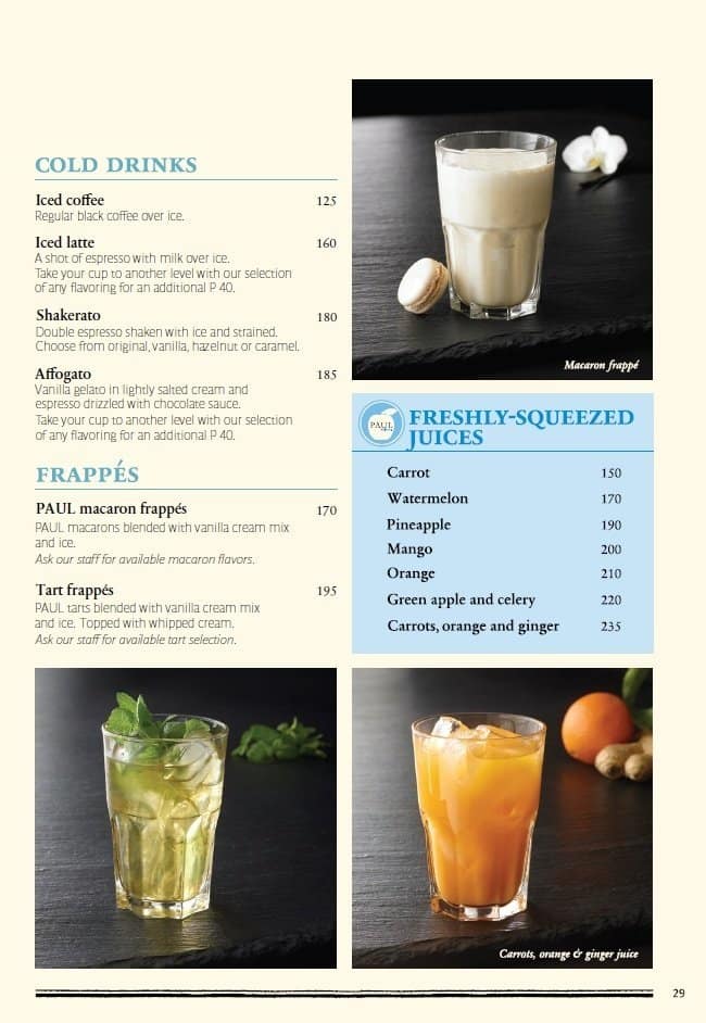 Menu at PAUL cafe, Makati, Hidalgo Drive