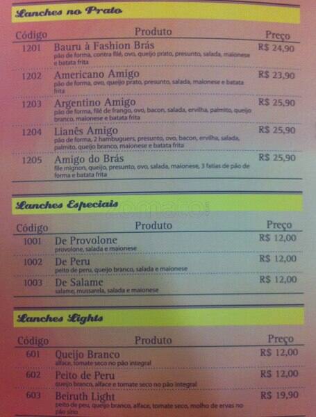 Bar Amigos do Bras cardápio
