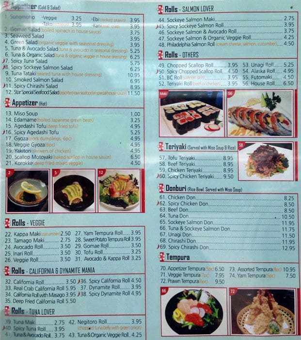 Sushi Star Menu, Menu for Sushi Star, Downtown, Vancouver Urbanspoon