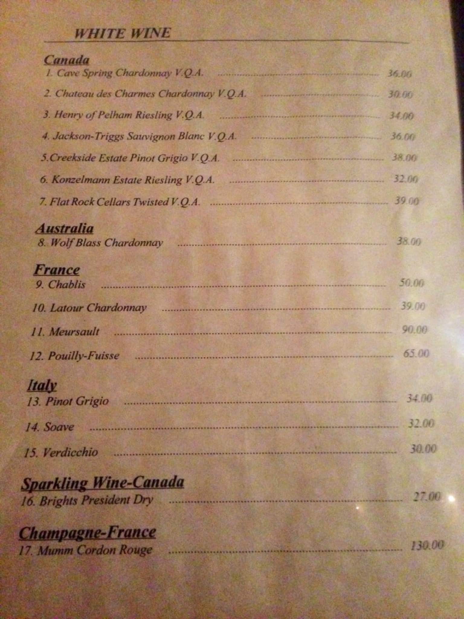 Menu at Valley restaurant, St. Catharines