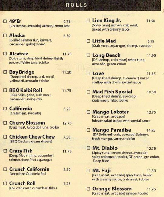 Menu at Little Madfish restaurant, Dublin