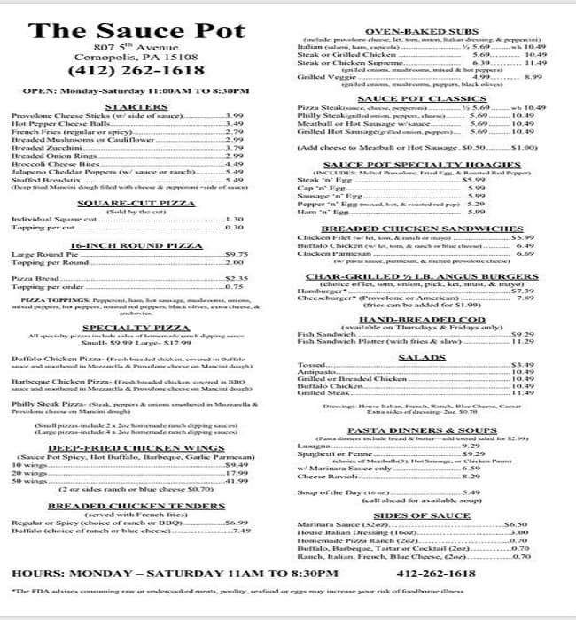 Menu at Sauce Pot restaurant, Coraopolis