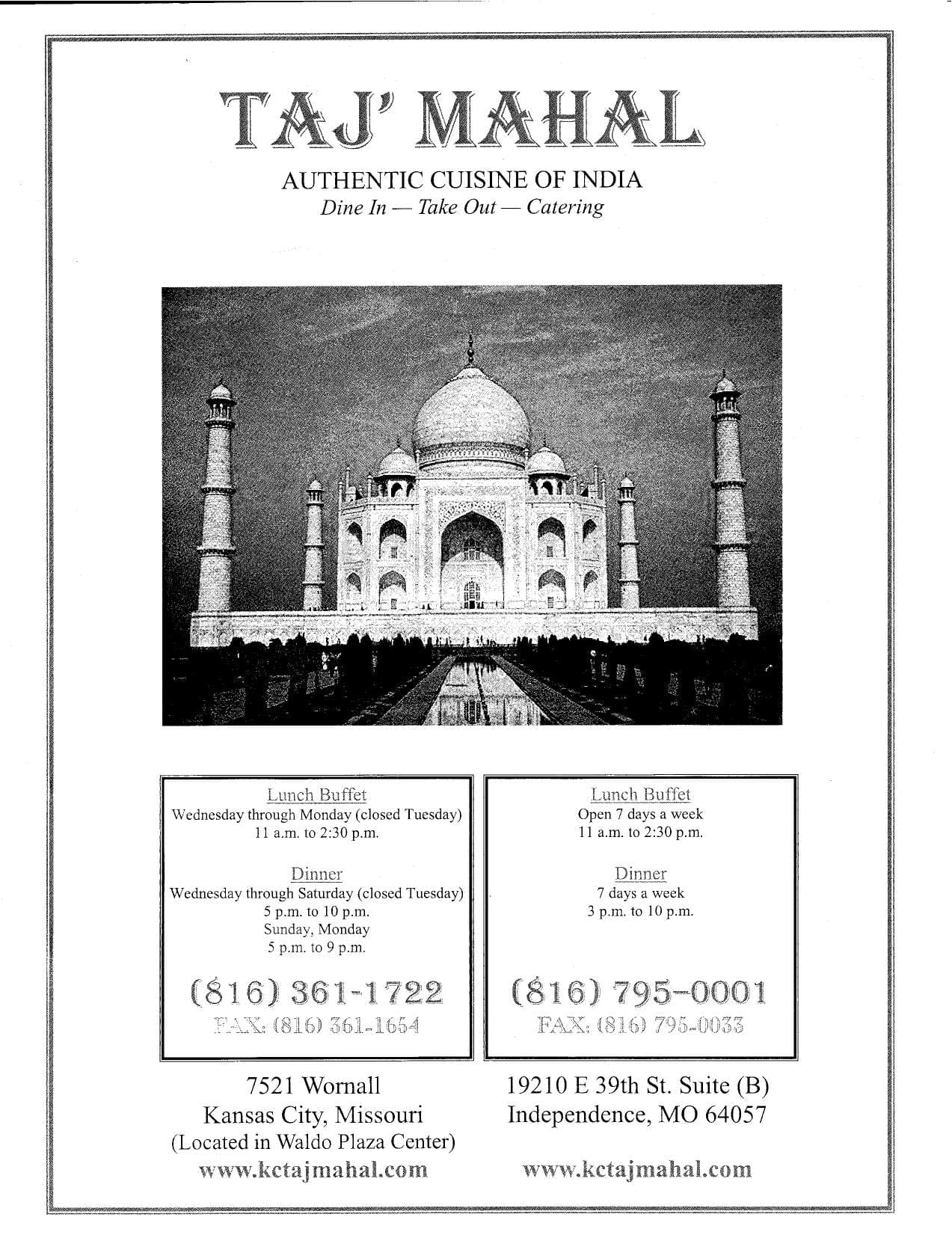 Taj Mahal Menu Taj Mahal Waldo Kansas City Missouri Icin Menu