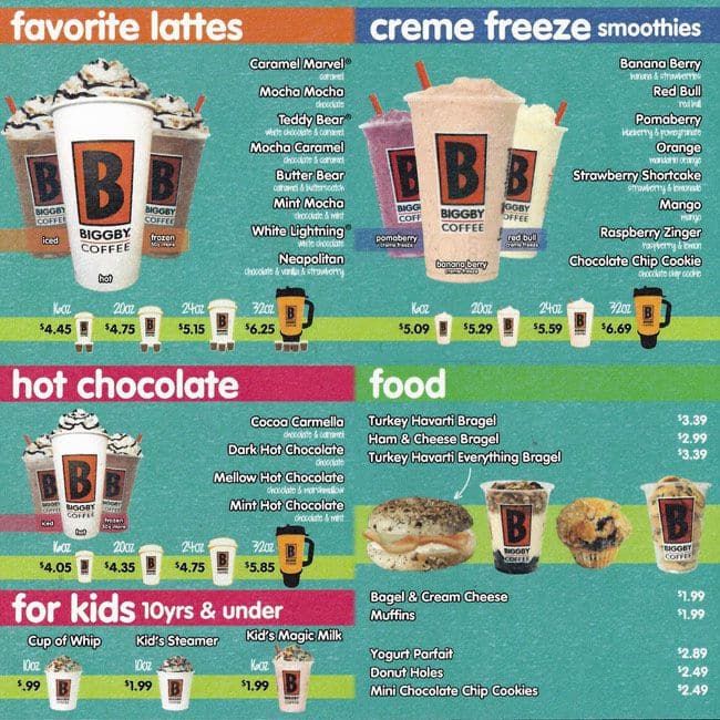 Menu at Biggby Coffee cafe, Allen