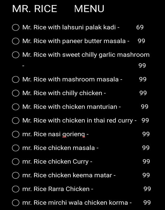 Menu of Mr. Rice, Gaur City 2, Greater Noida