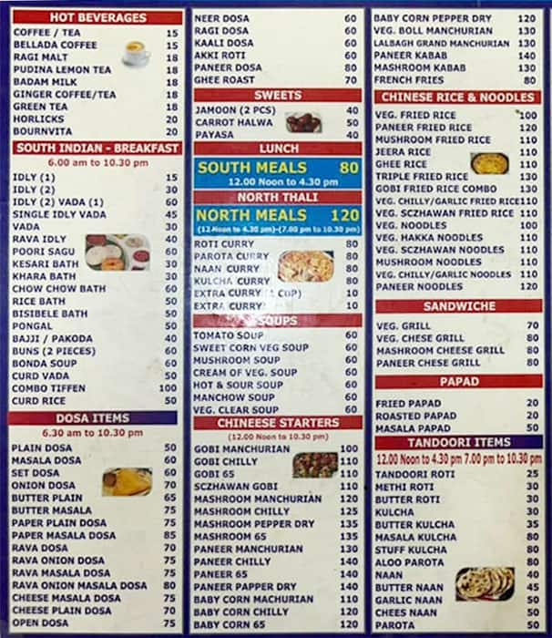 Menu of New Lalbagh Grand, Basavanagudi, Bangalore