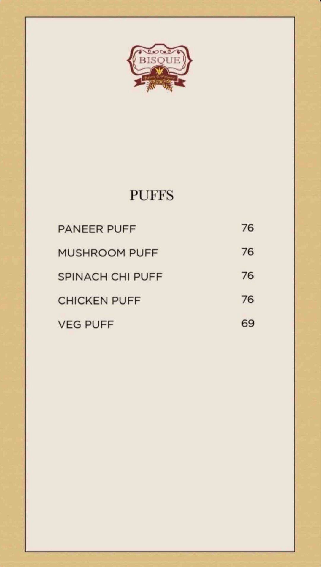 Menu of Bisque Bakery, DLF Phase 2, Gurgaon