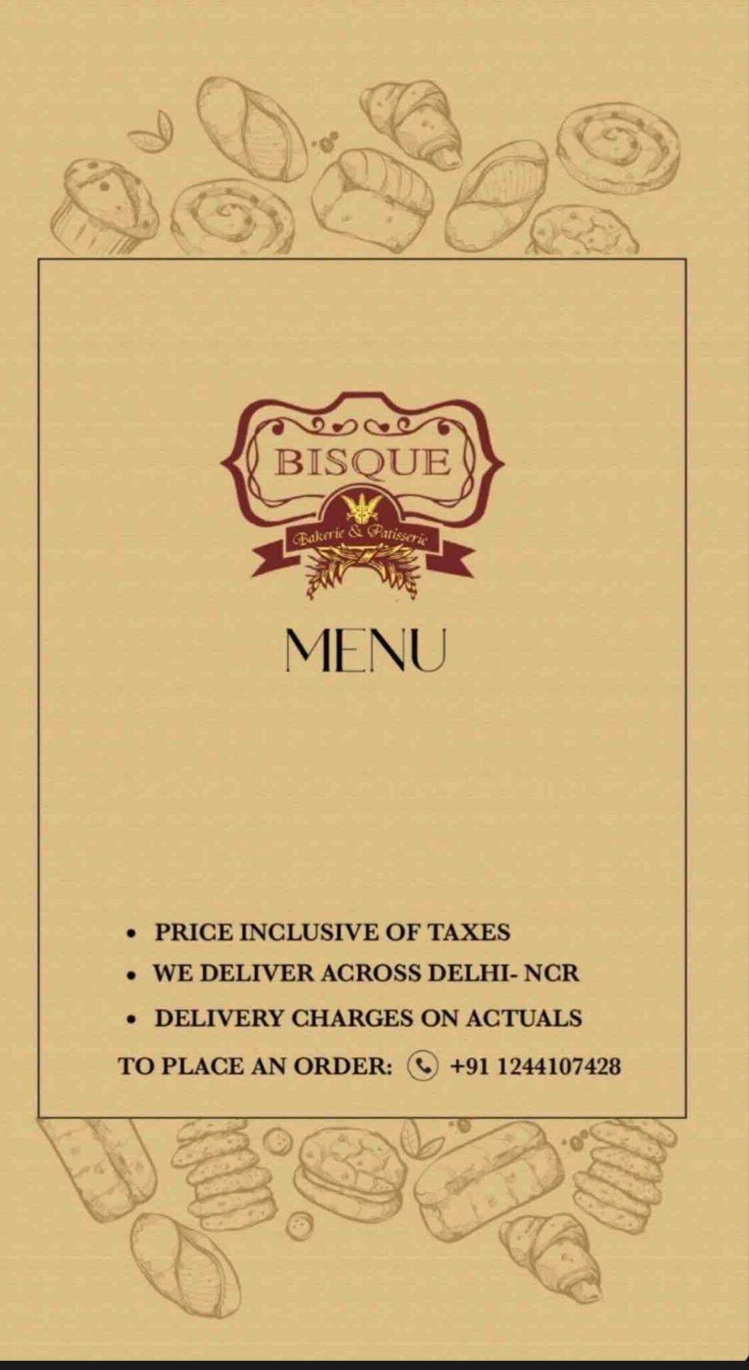 Menu of Bisque Bakery, DLF Phase 2, Gurgaon