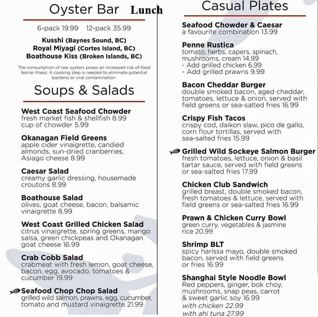 The Boathouse Menu, Menu for The Boathouse, Kitsilano, Vancouver