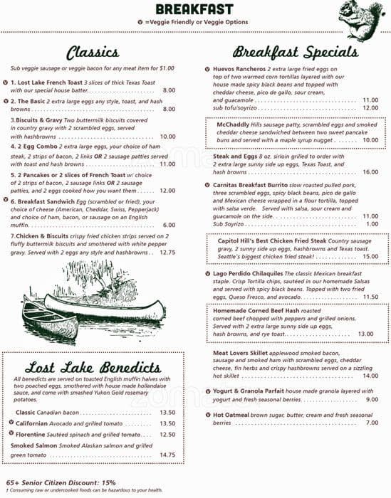 Menu at Lost Lake Cafe & Lounge, Seattle