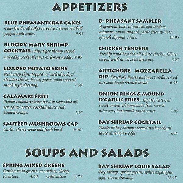 Blue Pheasant Menu, Menu for Blue Pheasant, Cupertino, Cupertino