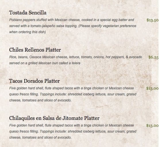 Menu at Restaurante Morelos, West Chester