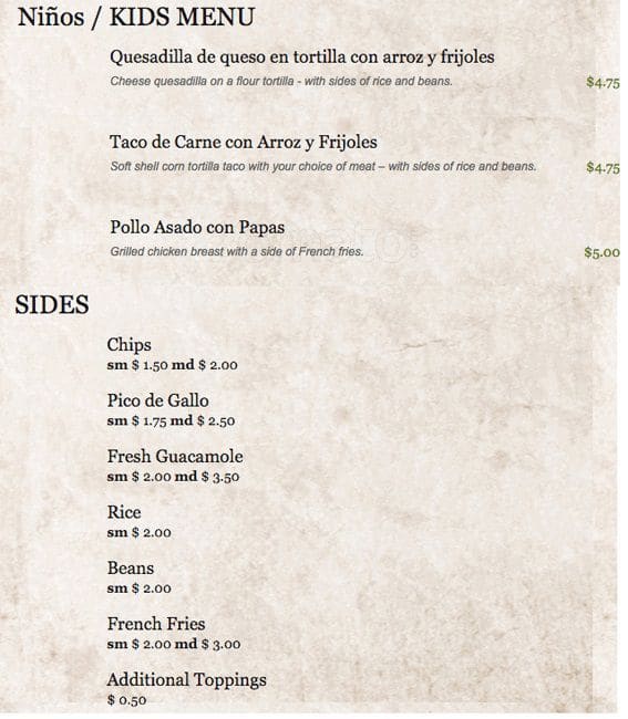 Menu at Restaurante Morelos, West Chester