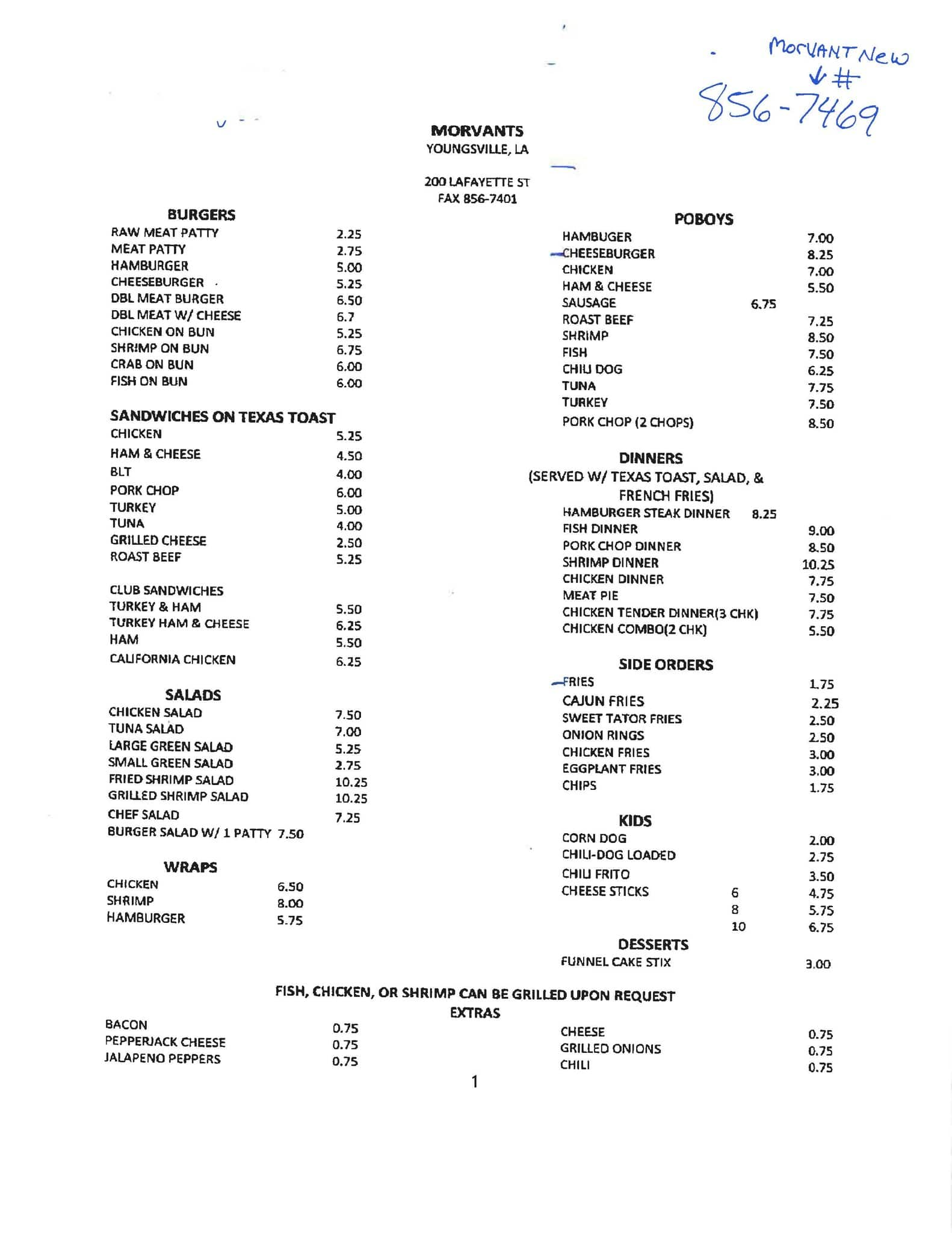 Morvant's Bar & Grill menu