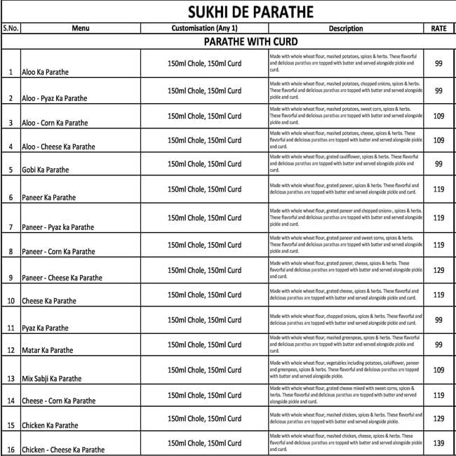 Menu of Sukhi De Parathe, Hadapsar, Pune