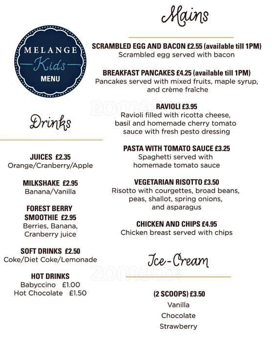 Menu at Melange Restaurant, London, 45 Topsfield Parade