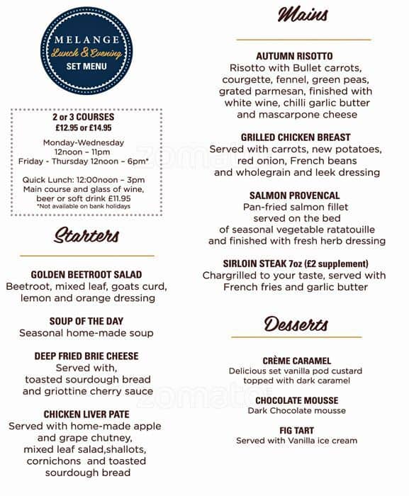 Menu at Melange restaurant, 135 High St