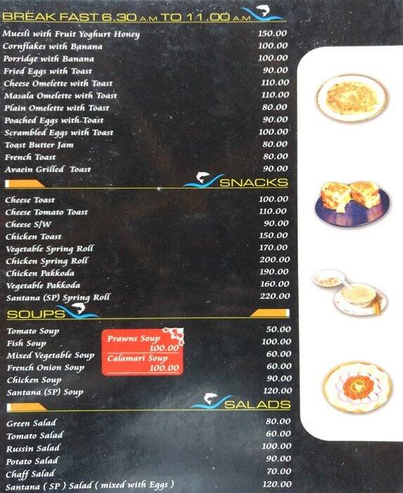 Santana Beach Restaurant menu