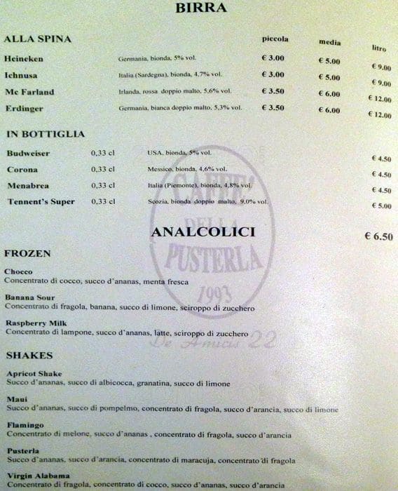 Menu di Caffè della Pusterla 