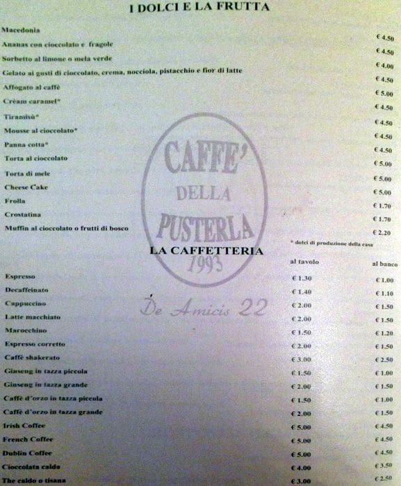 Menu di Caffè della Pusterla 