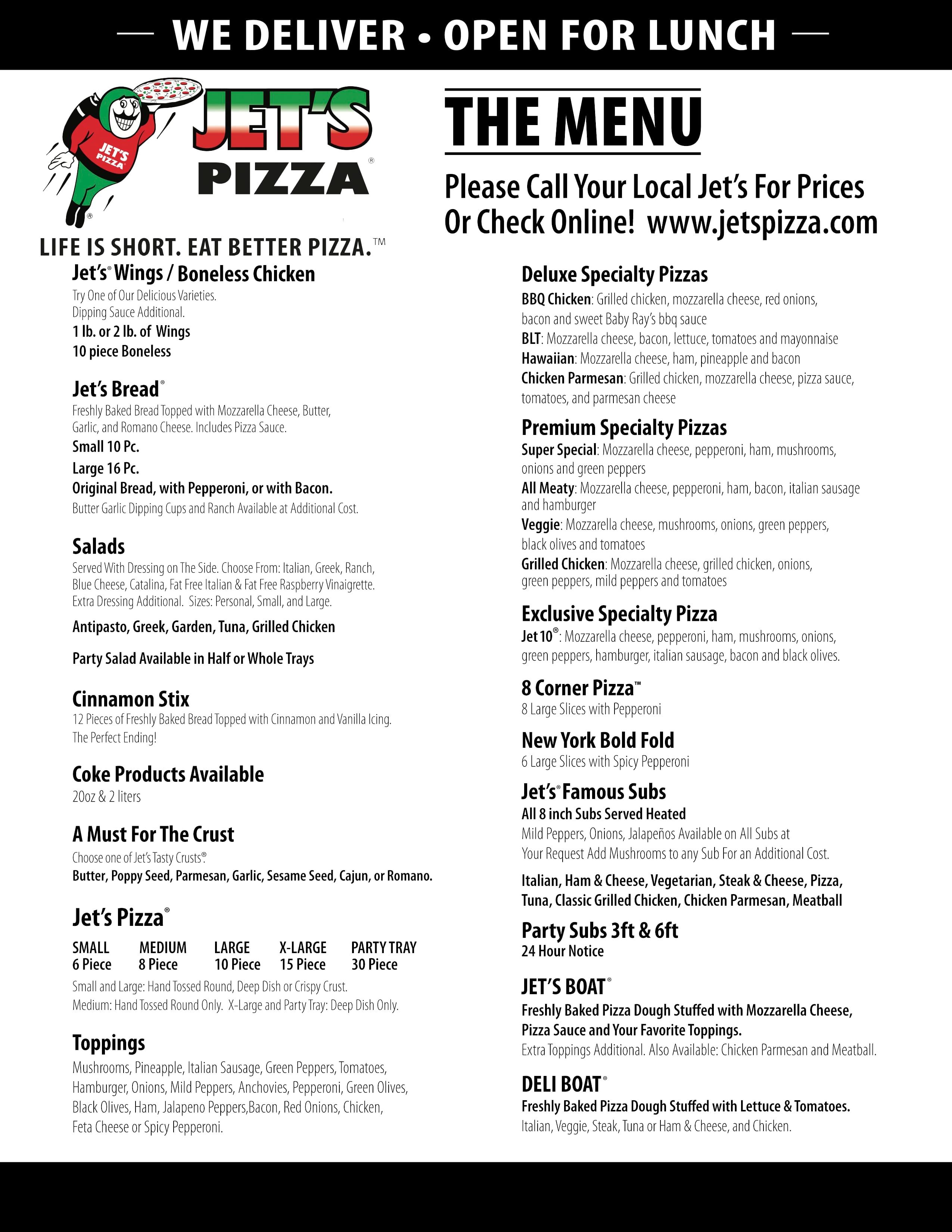 Jet's Pizza Menu, Menu for Jet's Pizza, Coral Springs, Miami
