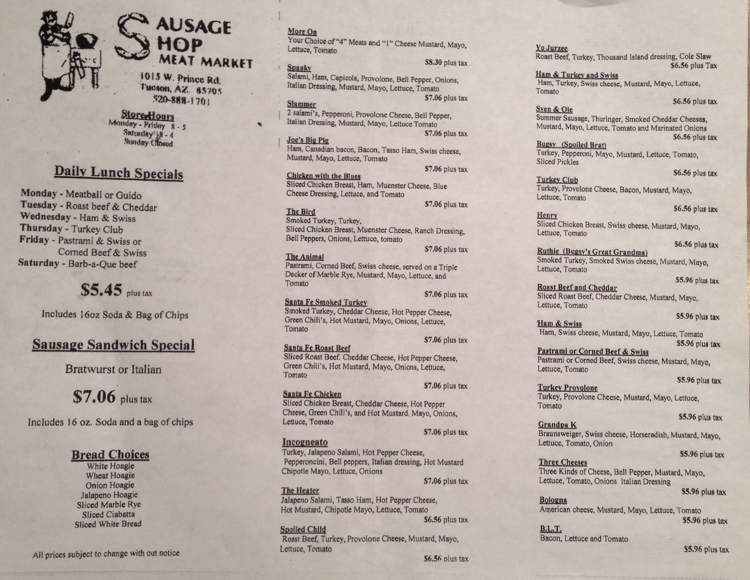 Sausage Shop Meat Market & Deli menu Urbanspoon/Zomato