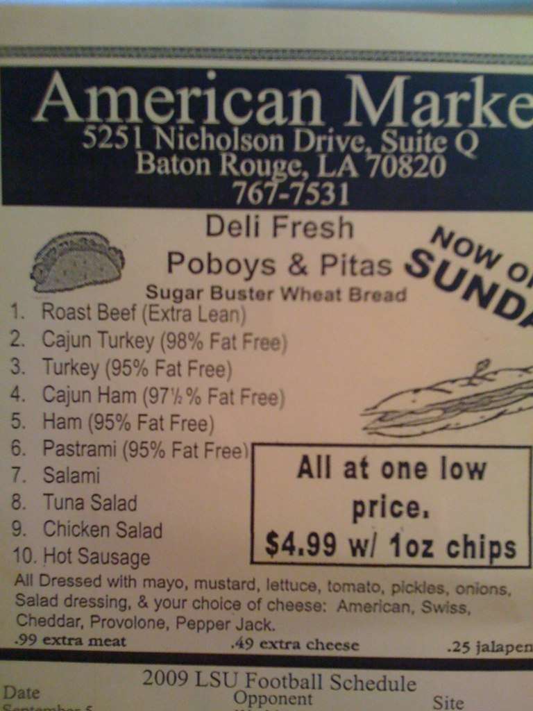 Menu at American Market, Baton Rouge