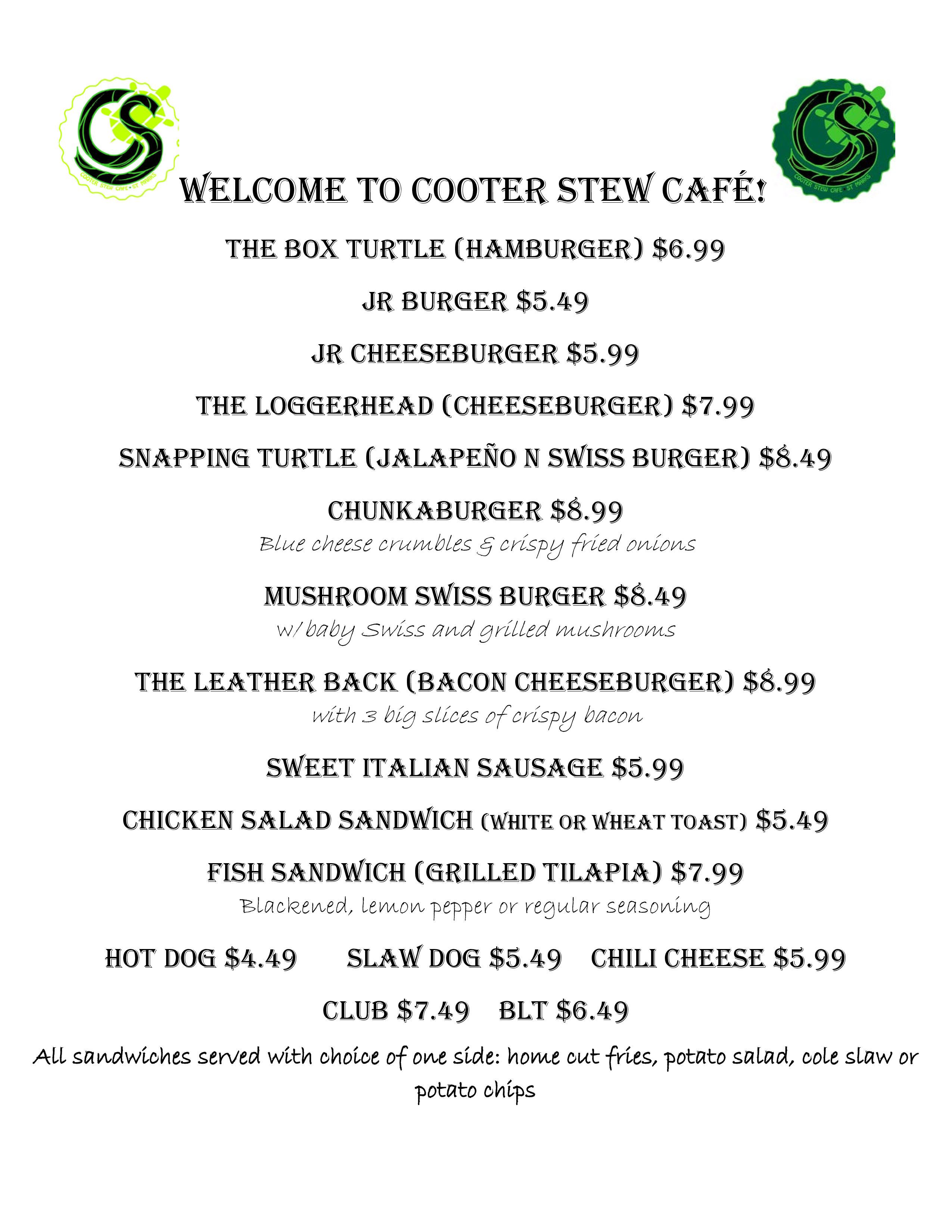 Menu at Cooter Stew Cafe, Saint Marks