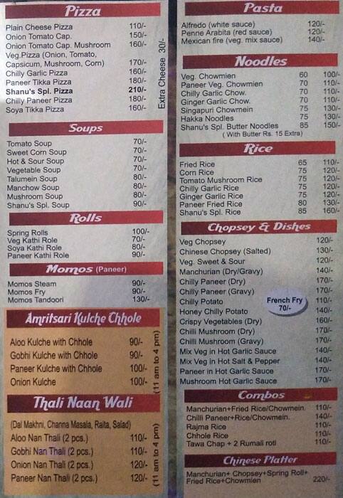 Shanu's Food Shop menu