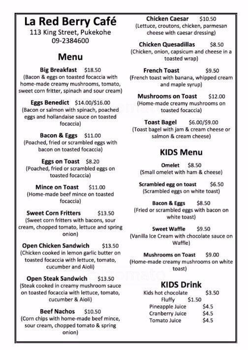 La Red Berry Cafe menu, Menu restauracji La Red Berry Cafe, Pukekohe