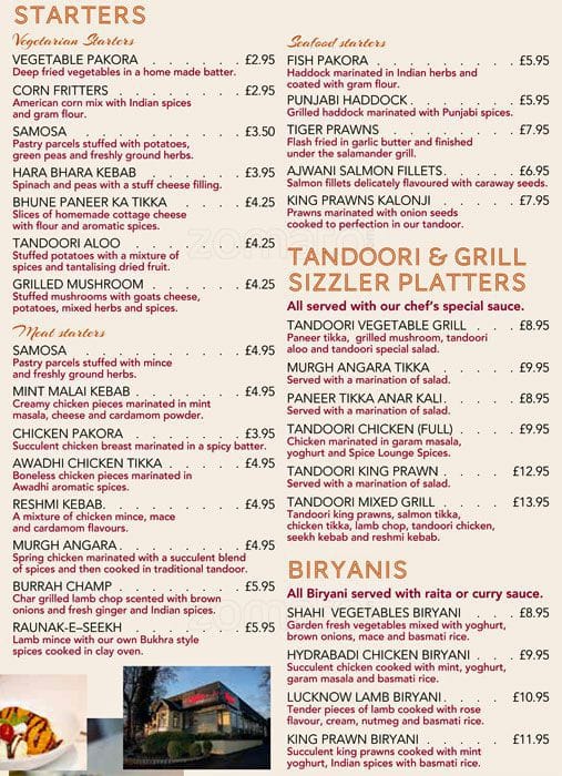 Menu at Spice Lounge Kitchen restaurant, Edinburgh