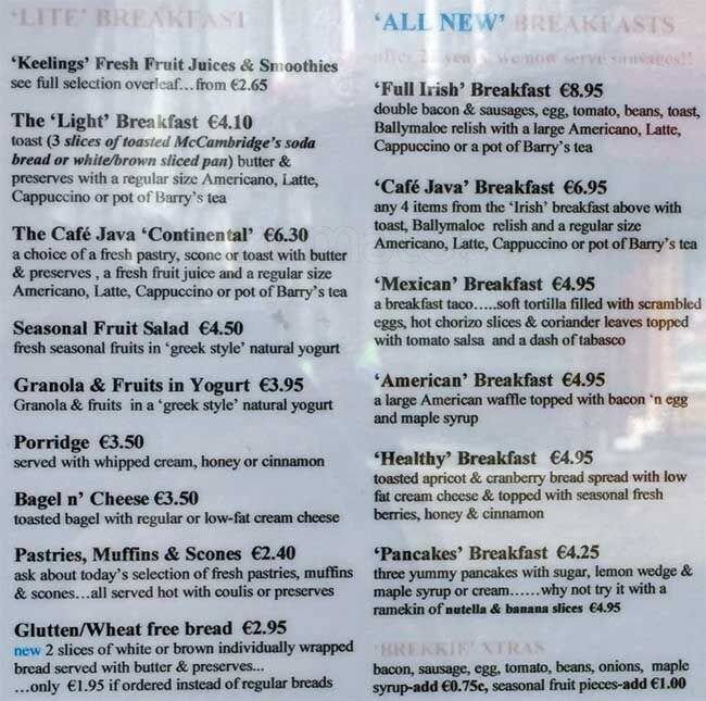 Cafe Java menu