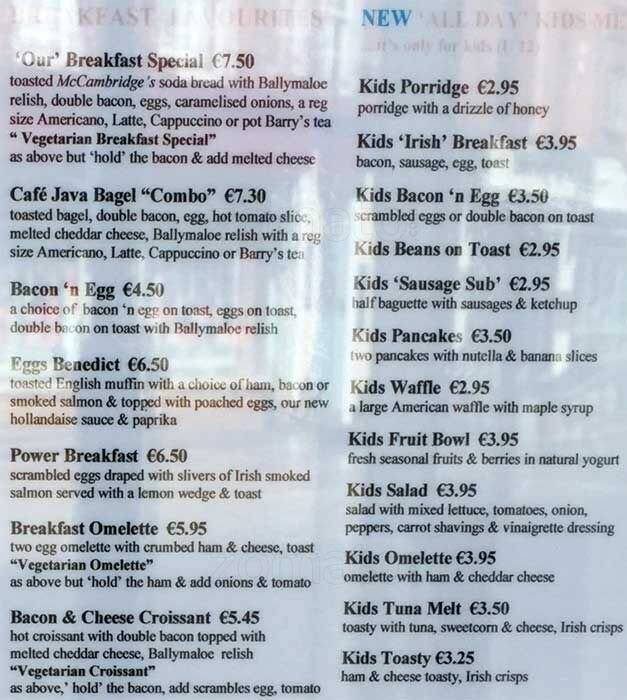Cafe Java menu